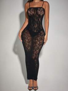Women Lace Hollow Out Spaghetti Strap Maxi Dress - Black - View 3