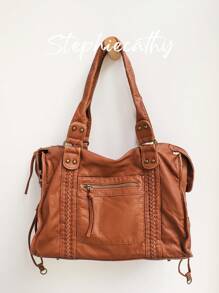 STEPHIECATHY 女士时尚休闲酷炫街头风格柔软刷洗 PU 人造皮革拉链开合拉链口袋编织装饰大容量适合 13 英寸笔记本电脑手提包可调节长肩带斜挎包日常大学通勤旅行多功能春夏 - 棕色 - 查看 2