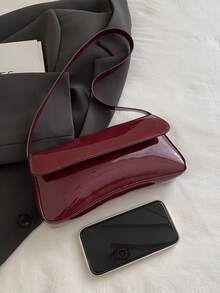 Borsa a spalla da donna, borsa a mano di stile minimalista, piccola borsa a patta bordeaux, borsa baguette, borsa a spalla semplice, borsa sotto braccio, borsa a tracolla, borsa Y2K, borsa bordeaux alla moda - Bordò - Visualizzare 6