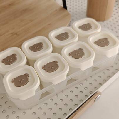 8 cái/4 cái + Khay đựng thức ăn cho bé bằng silicon hình gấu dễ thương, Khay đông lạnh, Hộp đựng đồ ăn nhẹ có nắp, Hộp đựng đồ ăn, Khay làm đá viên