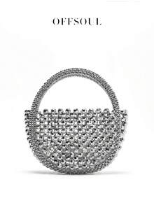 优雅镂空手工金属串珠珍珠编织圆形手提包，闪亮迷人手提包，适合派对、婚礼、仙女般 - 銀色 - 查看 5
