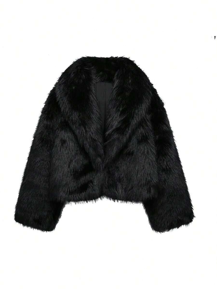 DEEKA Autumn/Winter New Thickened Faux Fox Fur Collar Fashionable Short Coat, Synthetic Fur Effect, Youthful Vibe Black - Black - View 1
