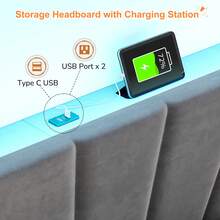 EnHomee Queen/King Size Bed Frame With LED Lights And Charging Station Platform Bed With Storage Headboard Sturdy Wooden Slats Support, Noise-Free, Easy Assembly, Grey - 查看 3