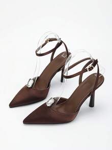 Women's Pointed Toe High Heel Shoes With Rhinestone Buckle And Exposed Heel, Pumps, Fall, Autumn - Chocolate Brown - View 4