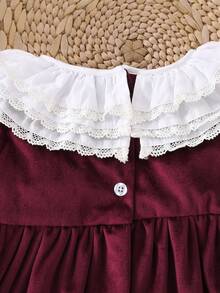 BOARNSEORL Baby Girls Velvet Dress With Contrast Color Ruffle Collar, Long Sleeve Dress, Fashionable & Elegant, Suitable For Autumn/Winter Everyday, Outing, Party, Birthday, Christmas - Burgundy - View 7