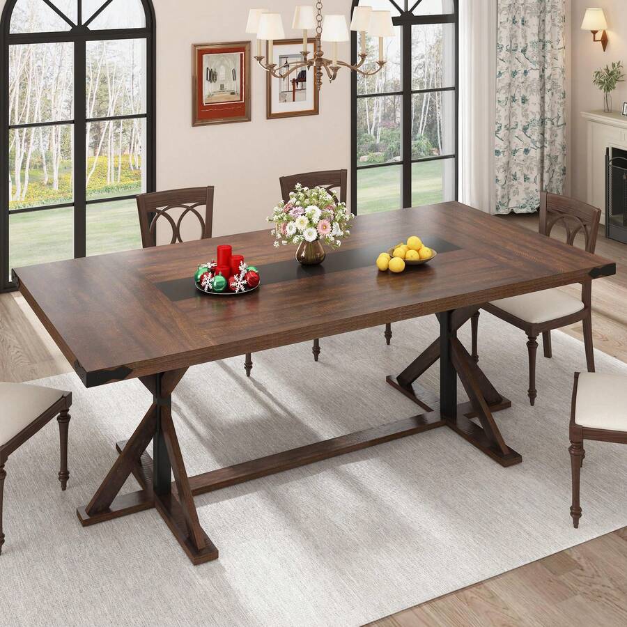 94/78 Inch Rectangle Kitchen Farmhouse Table For 8-10 People W/ Thick Waterproof Wood Tabletop & Wood Strip Base For Kitchen/Dining/Living Room - 棕色和黑色 - 查看 1