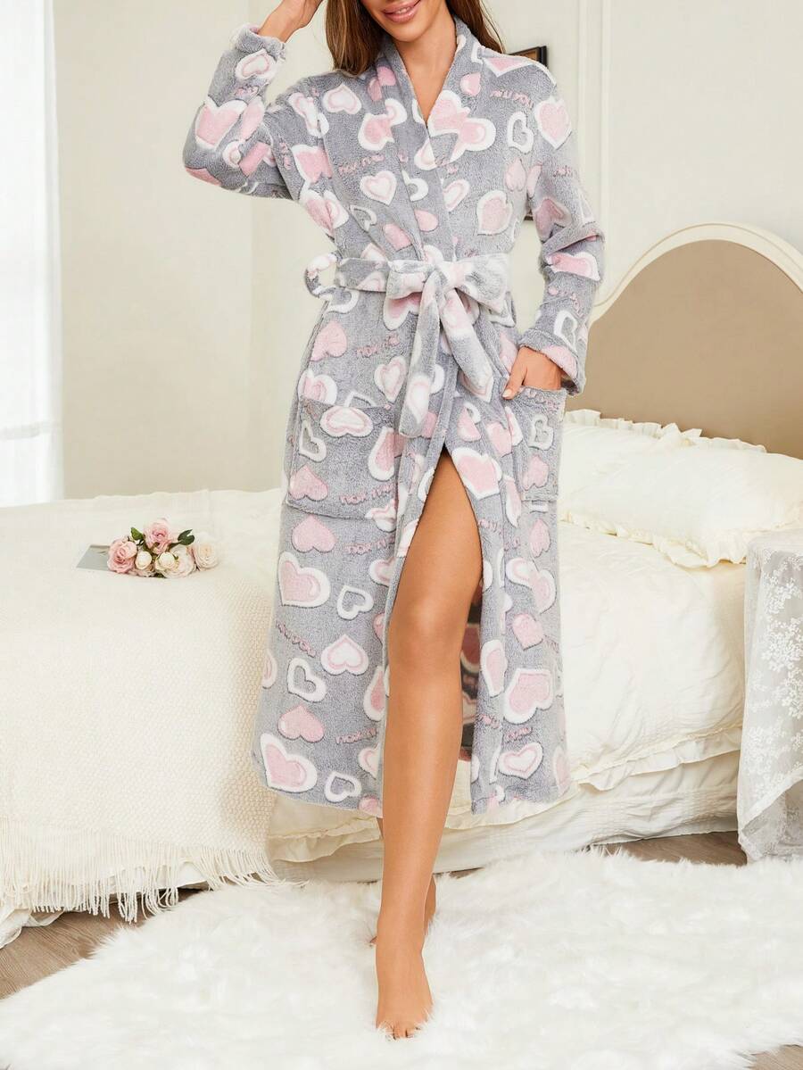 1pc Women's Pink Heart Print Fluffy Robe, Elegant & Fashionable, Thick & Warm For Autumn/Winter, Comfortable For Outdoor, Vacation And Home Wear, Fall, Cozy