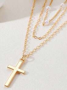 1 件女士时尚仿珍珠十字架吊坠项链，优雅百搭个性化颈链，适合日常佩戴、派对和聚会 - 彩色 - 查看 2
