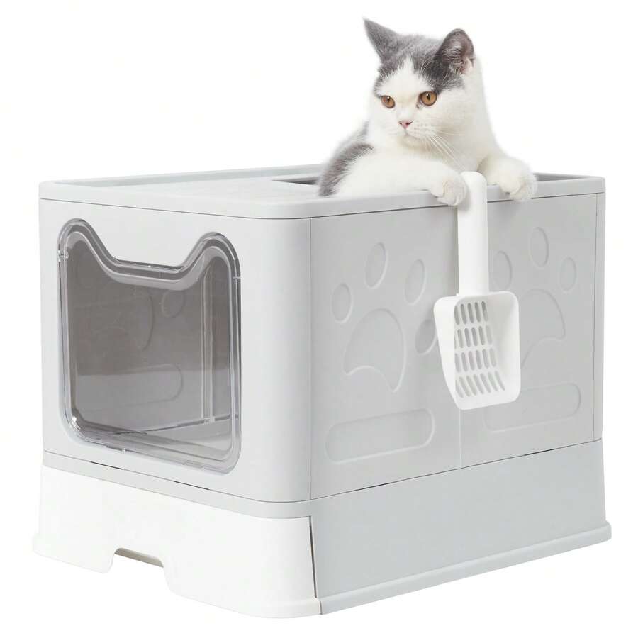 BingoPaw Caja para arena para gatos, bandeja sanitaria extra grande plegable con entrada superior y tapa, bandeja sanitaria con cubierta para gatitos, diseño de cajón fácil de limpiar con pala, color gris. - Gris - Ver 1