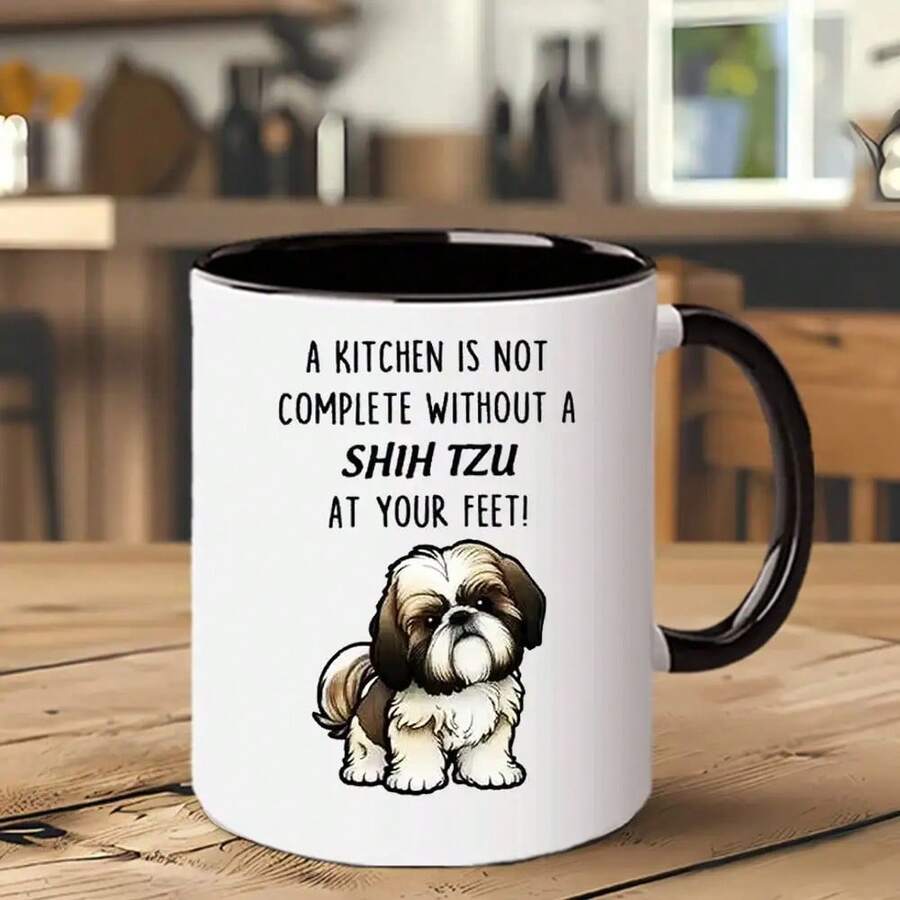 1pc, 11oz, Shih Tzu Ceramic Coffee Mug - "A Kitchen Is Not Complete Without A Shih Tzu At Your Feet" - White With Black Handles, Perfect Gift For Holidays, Birthdays, And Special Occasions, Hand Wash Only, Gift Coffee Mug| Playful Dog Design, - 1pc - View 1