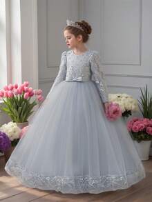 Váy hoa bé gái cổ tròn tay dài phối ren lưới 3D nơ hoa thanh lịch cho tiệc trang trọng, sinh nhật, không bao gồm băng đô - Xám - Xem 1