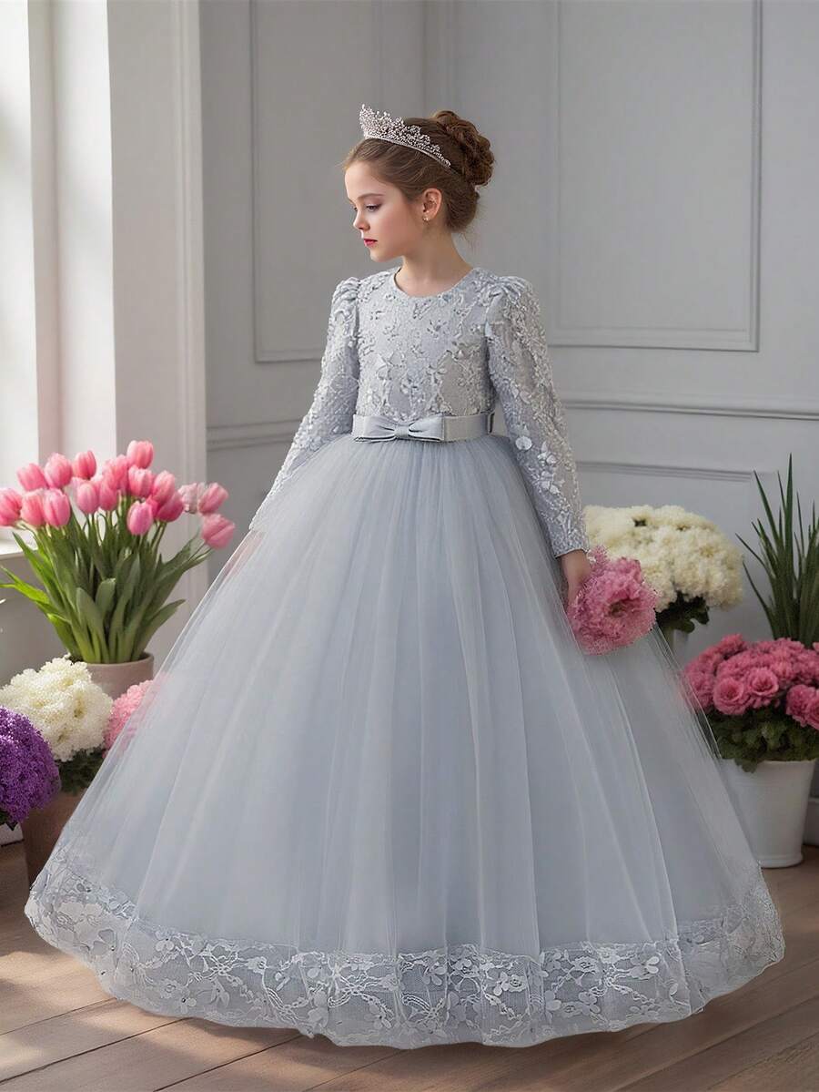 Váy hoa bé gái cổ tròn tay dài phối ren lưới 3D nơ hoa thanh lịch cho tiệc trang trọng, sinh nhật, không bao gồm băng đô - Xám - Xem 1