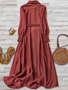 Đầm maxi nữ bằng vải lanh nhăn thoải mái, kiểu dáng thường ngày, cổ bẻ, cài nút, thắt lưng, tay áo dài, thanh lịch cho mùa xuân. - Màu Đỏ Sâu - Xem 2