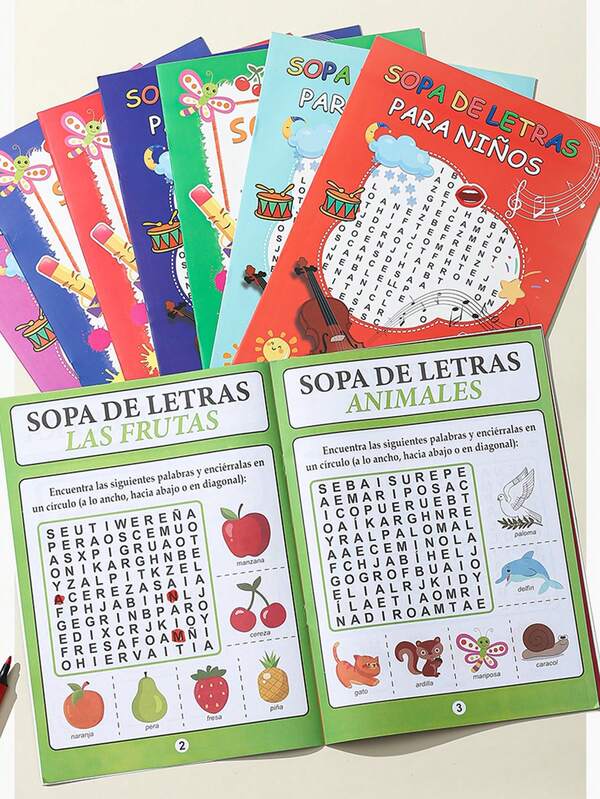 1 pieza Libro de juego de escondite de palabras inglés-español, adecuado para aprendizaje al aire libre, viajes, estudio en casa, herramienta de enseñanza escolar, diseñado para cultivar el interés de aprendizaje de los niños, mejorar la capacidad de aprendizaje, promover una lectura y escritura fáciles, mejorar la precisión ortográfica, juego educativo, regalo para niños. Color de cubierta aleatorio.