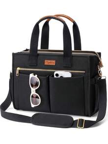 Canvas Tote Bag For Women, 15-Pocket Large Crossbody Handbag Bible Laptop Bag Zipper Bookbag For Teacher Work Travel College - 黑色 - 查看 1