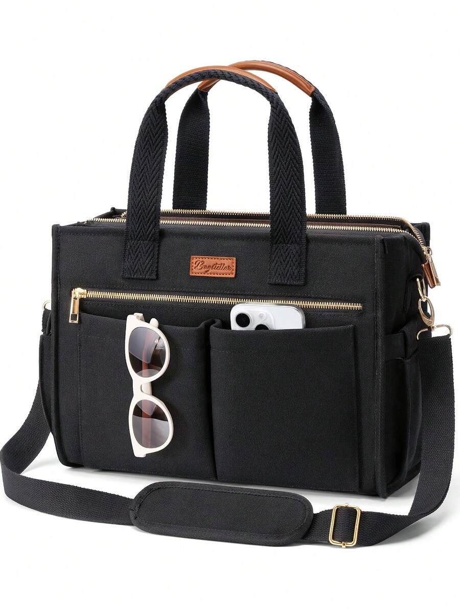 Canvas Tote Bag For Women, 15-Pocket Large Crossbody Handbag Bible Laptop Bag Zipper Bookbag For Teacher Work Travel College - 黑色 - 查看 1