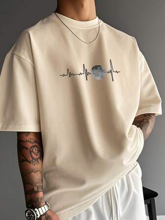 Solid Color Casual Versatile Round Neck Short Sleeve T-Shirt, Moon Pattern, Comfortable & Soft, Halloween Gift