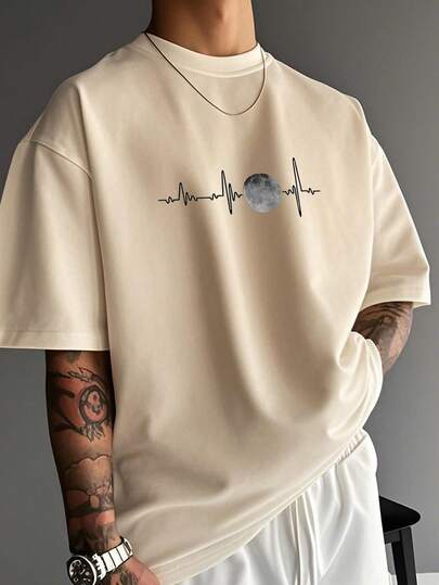 Solid Color Casual Versatile Round Neck Short Sleeve T-Shirt, Moon Pattern, Comfortable & Soft, Halloween Gift