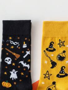 1/3 Pares de Meias Casuais Confortáveis de Meia-Cana com Estampa de Morcego e Fantasma de Halloween, Outono