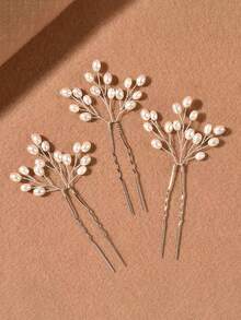 3pcs Handmade Faux Pearl Bridal Hair Clips, Beautiful Bridal Headpiece, Metal Hair Clips, French Retro Hair Accessories, Elegant Hair Decorations, Suitable For Weddings And Parties Valentine's Day Accessories - Gold - View 3