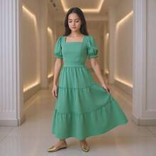 Lizo Long Ruffled Youth Dress Short Sleeve Girls 8 To 12 Years Baby Blue, Pink, Green, Beige, Black - 綠色 - 查看 4