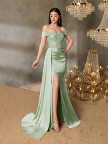 Alisa&Leo 少女露肩亮片晚礼服 - 合身亮片紧身胸衣，侧开衩，不对称拖尾，适合毕业典礼、舞会、婚礼和高端晚会 - 綠色 - 查看 6