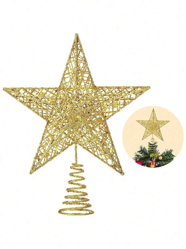 Decoraciones de árbol de Navidad Toppers de árbol de Navidad con forma de estrella pentagonal hueca dorada con brillo para decoraciones de árbol de Navidad.