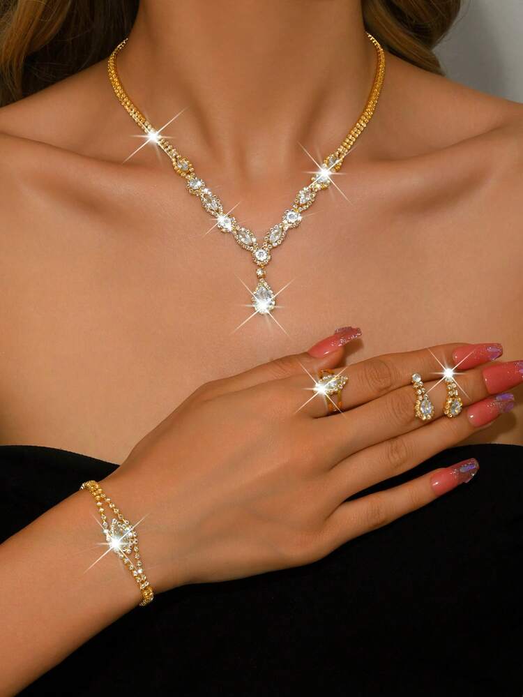 Juego de joyas de mariposa con rhinestones europea y americana - Pendientes, collar, pulsera, anillo, adecuado para boda, fiesta, regalo del Día de San Valentín para novia - 5 piezas/4 piezas/3 piezas/1 juego - conjunto de joyas - Añade 9