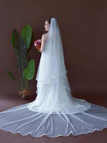 1 件双层缎边新娘面纱，适用于婚礼仪式面罩、摄影道具、教堂婚纱配饰，带发梳，超长拖尾 - 寬3米 - 查看 15