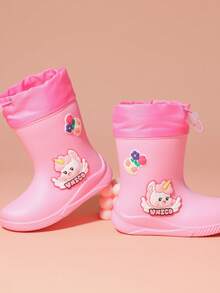 2025 New Children's Mid-Calf Rain Boots, Thick Warm Durable Rubber Boots, Cute Cartoon Drawstring Design, Waterproof, High-End Rubber Shoes, Girls Elementary School Students Minimalist Mid-Calf Rain Boots, Sturdy Construction