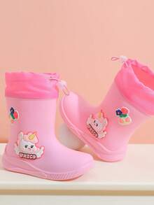 2025 New Children's Mid-Calf Rain Boots, Thick Warm Durable Rubber Boots, Cute Cartoon Drawstring Design, Waterproof, High-End Rubber Shoes, Girls Elementary School Students Minimalist Mid-Calf Rain Boots, Sturdy Construction
