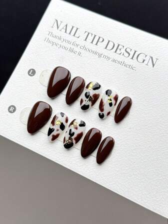10-Piece Handmade Wearable Nail Tips, Short Almond-Shaped Press-On False Nails, Fashionable Brown Nails For Autumn And Winter, Hand-Painted Leopard Print Nails, Hand-Painted Asymmetrical Brown And Black Animal Leopard Print With Asymmetrical Gold Foil Embellishment, It Is A White And High-End Nail Art False Nail Tip Finished Product, Suitable For Ladies And Girls To Wear Daily, With Nail Set
