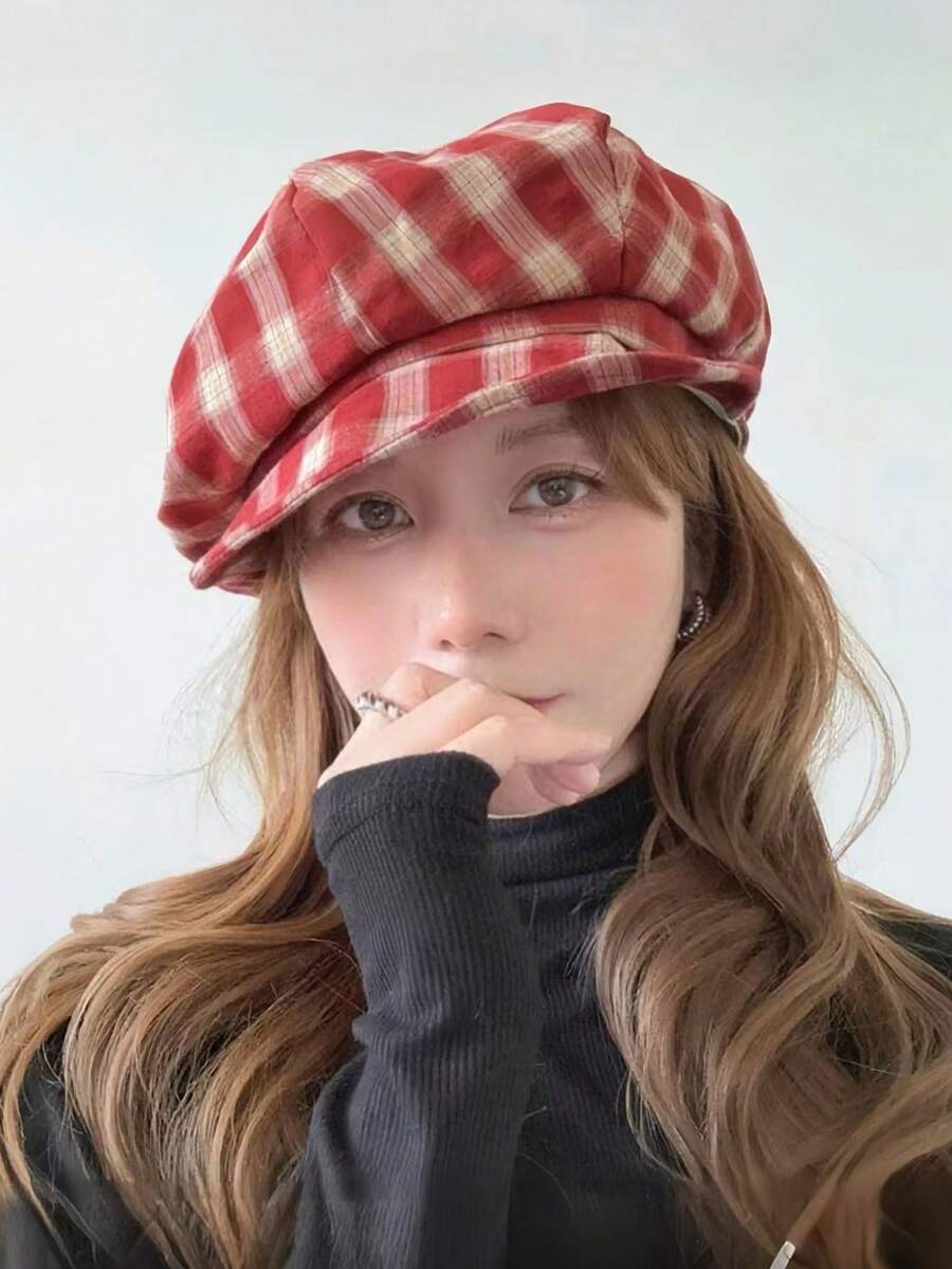 1件装复古格子贝雷帽女夏季画家帽小头围云朵形八角帽日式 - 紅色 - 查看 1