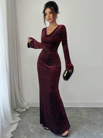 Women's Elegant High-End Burgundy Draped Neck,Draped Neckk, Long Sleeve Ruched Fitted Fishtail Velvet Burnout Maxi Dress, Bodycon Dress, Sexy, Suitable For Banquet, Party, Formal Evening, Halloween, New Year, Thanksgiving, Christmas