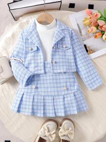 3pcs Girls Elegant School Style Patterned Long Sleeve Jacket, Long Sleeve Top, Pleated Skirt Set, Spring/Autumn - Baby Blue - View 3