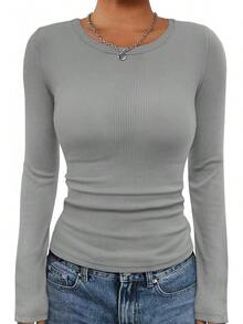 Womens Long Sleeve Crewneck Ribbed Tops Fall Fitted Stretch Casual Basic Shirts 2025 - A-grey - View 1