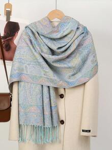 1 Khăn choàng tua rua Jacquard Boho dành cho nữ, khăn choàng dệt Paisley, khăn trùm đầu họa tiết đá Pashmina, dòng màu hồng, nhiều họa tiết thanh lịch, thích hợp làm quà tặng, thích hợp cho các buổi đi chơi hàng ngày vào mùa thu và mùa đông để mặc - Màu xanh nhạt - Xem 4