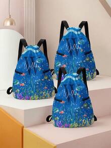 1 szt. Plecak ze ściągaczem z motywem zwierząt podwodnych i motywem kreskówkowym, z kieszeniami, spersonalizowany prezent na powrót do szkoły, odpowiedni dla dzieci i nastolatków