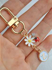 1pc Unisex A-Z Letter Stainless Steel Keychain, Minimalist Letter, Flower, Ladybug Design, Gift For Friends, Bag Pendant - Multicolor - View 15