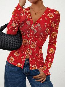 Women Floral Mesh V Neck Long Sleeve Button Down Ruched Shirt Fitted Sexy Boho Blouse Tops Outfits - Red - View 1