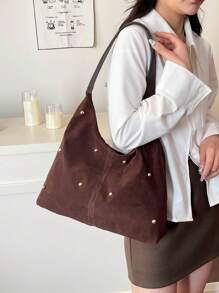 新款时尚手提包，性感铆钉托特包，女士通勤个性化丝绒斜挎包 - 咖啡棕 - 查看 7