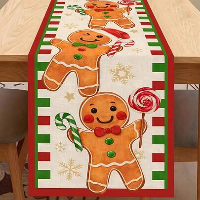 1 pieza - Juego de camino de mesa de pan de jengibre navideño - Decoración de mesa de 72x13 pulgadas con tema de casa de caramelo, mantel lavable de poliéster para fiesta de Navidad, decoraciones de cocina antideslizantes con diseño de Papá Noel y patrón de galletas festivas