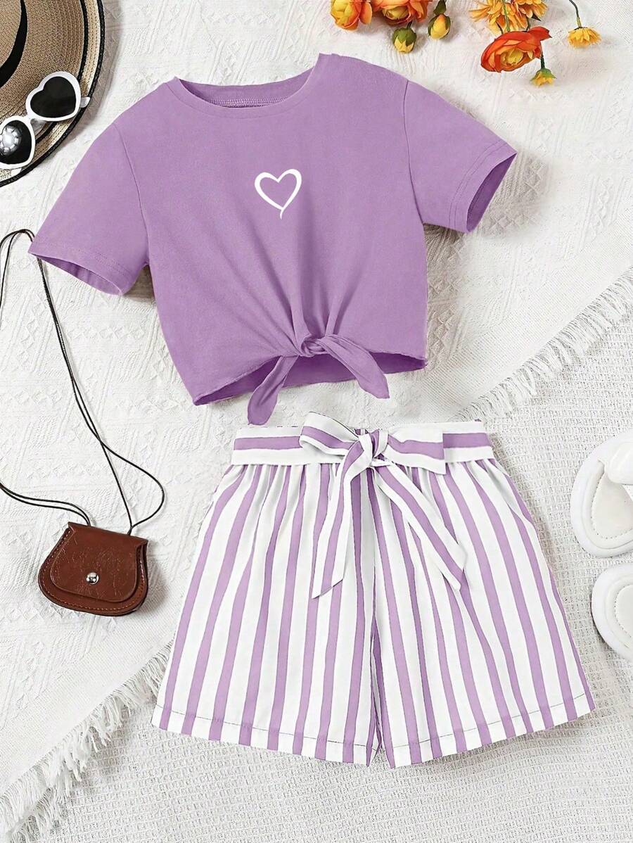 2pcs Tween Girls Casual Daily Love Print Short Sleeve T-Shirt + Striped Printed Shorts Set With Random Striped Belt - Purple - View 1
