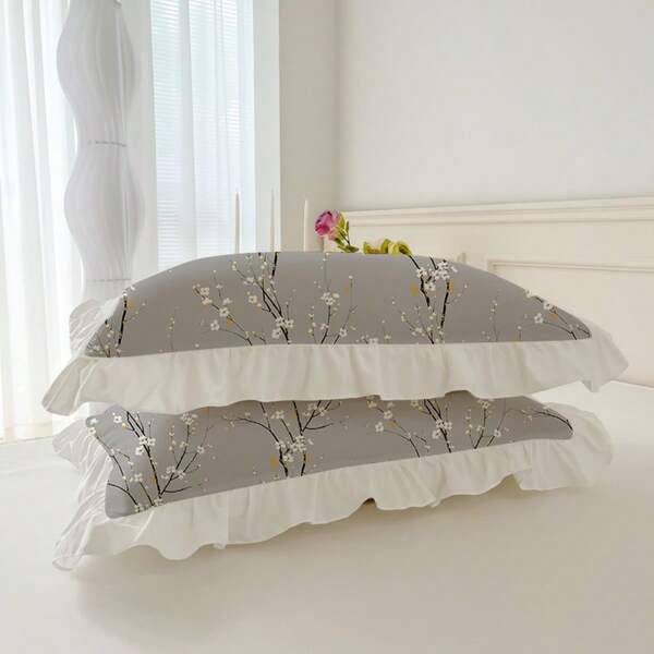 2 件花卉荷叶边枕套套装（不含枕芯），舒适透气柔软亲肤可机洗，适合宿舍、卧室、酒店、所有季节