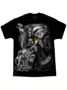 Mens D Gonzales Art DGA Liberty Prison Tower Ride Or Die Motorcycle Up The Ante T-Shirt 180g, Cotton, Hot Turn Up The Ante T-Shirt, Summer Clothing, Graphic Tee, Edgy Fashion, Bold Design, Premium Quality, Heavyweight Fabric, Fashion Tee, Printed Top, Casual Dressers,  Followers, PLUS SIZE - 黑色 - 查看 1