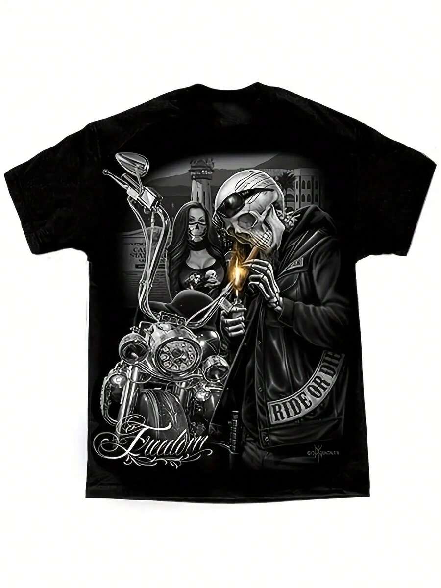 Mens D Gonzales Art DGA Liberty Prison Tower Ride Or Die Motorcycle Up The Ante T-Shirt 180g, Cotton, Hot Turn Up The Ante T-Shirt, Summer Clothing, Graphic Tee, Edgy Fashion, Bold Design, Premium Quality, Heavyweight Fabric, Fashion Tee, Printed Top, Casual Dressers,  Followers, PLUS SIZE - 黑色 - 查看 1