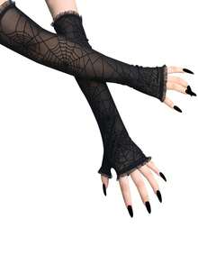 1 套万圣节蜘蛛网女巫帽、网状露指手套、黑宝石项链 3 件套角色扮演派对配饰 - A - 查看 3
