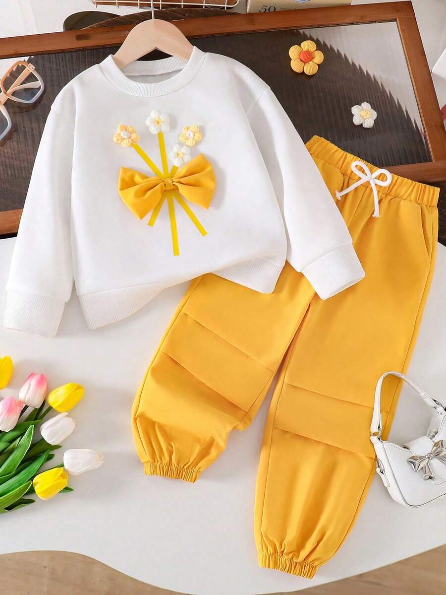 Tween Girl Floral Embroidered Warm Crew Neck Sweatshirt And Woven Long Pants Set - White - View 1