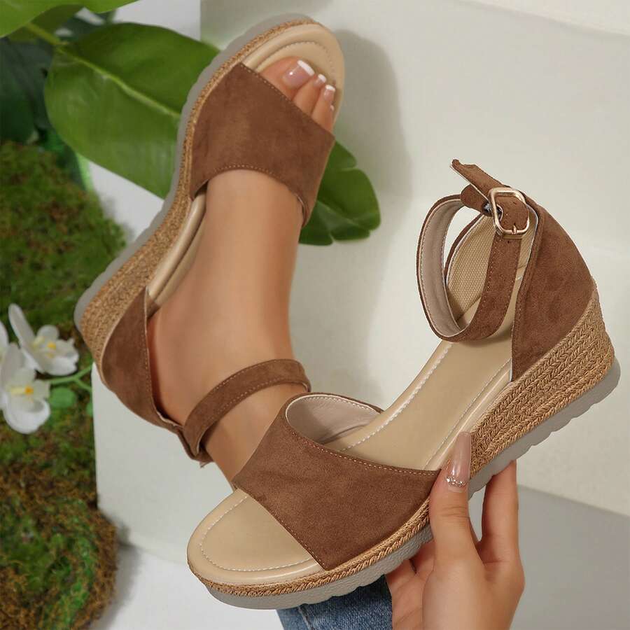 Womens Open Toe Ankle Strap Wedge Sandals Heels Dressy Summer Platform Comfortable - 棕色 - 查看 1