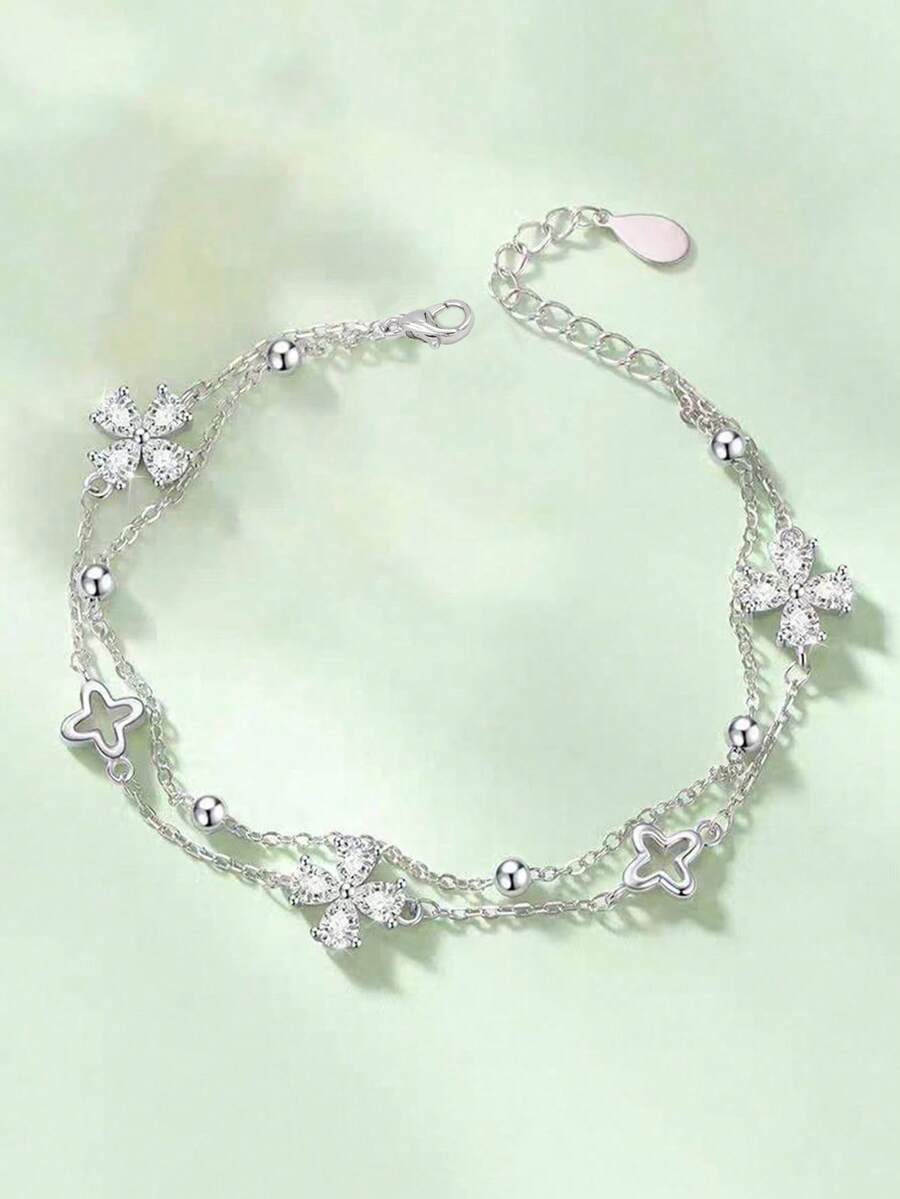 1pc Niche Design Minimalist Zirconia Flower Double Layer Bracelet (Tail Chain And Clasp Randomly Included)